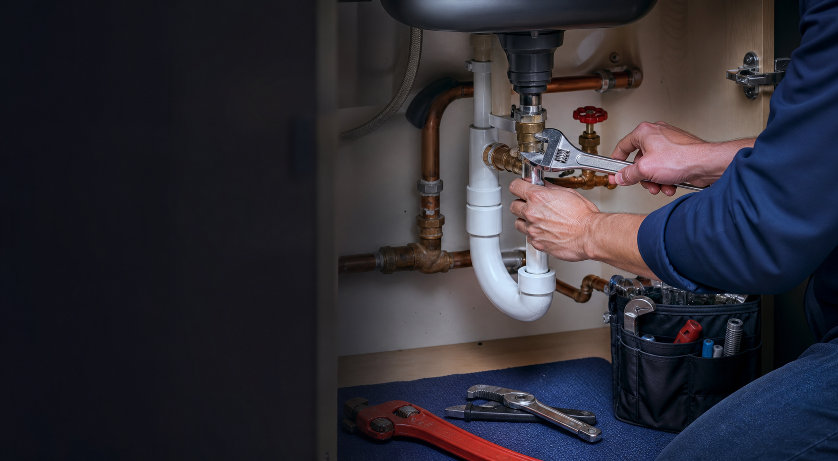 Plumber working under a sink for the ClearFlow Plumbing demo.