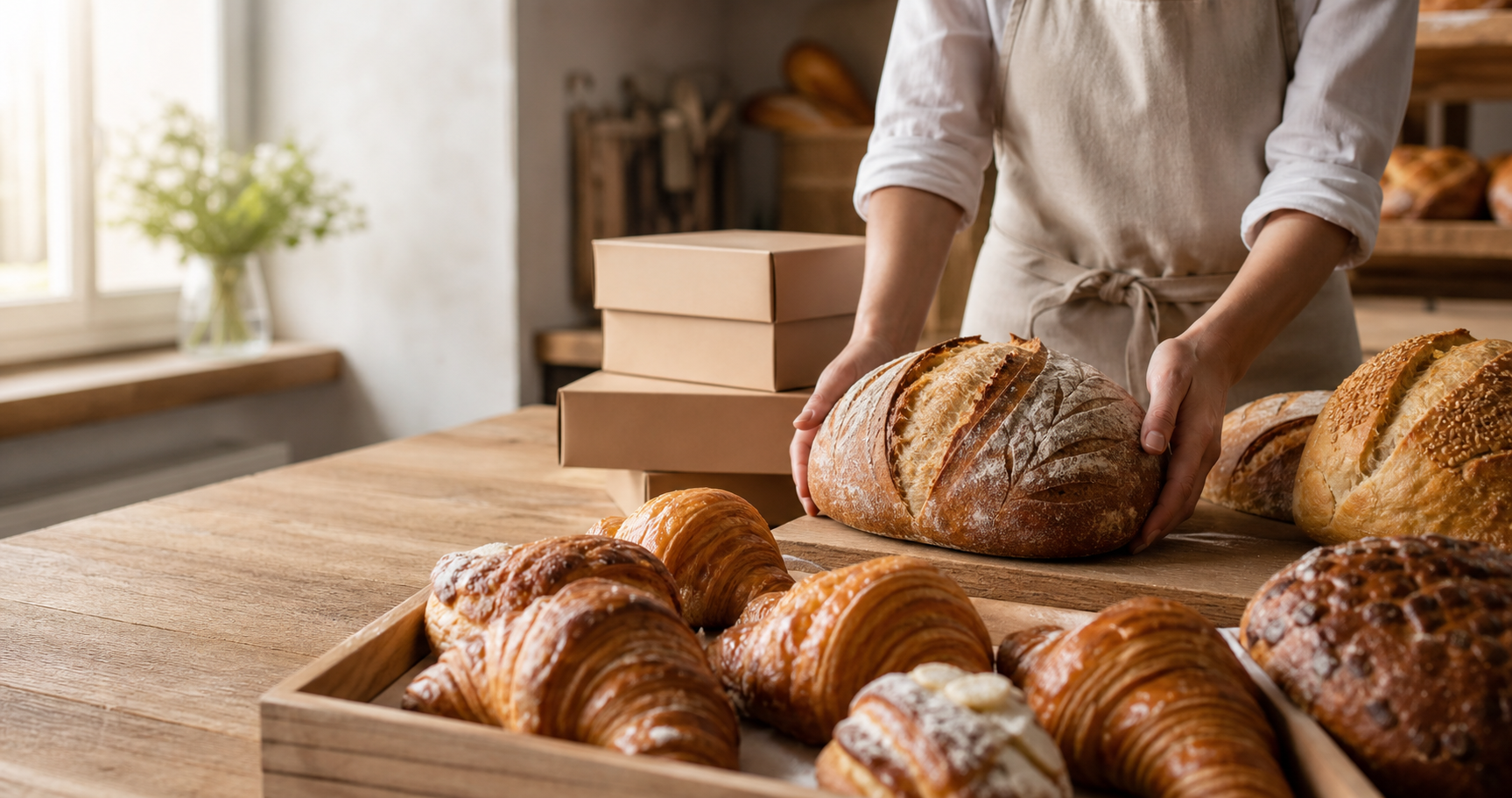 Fresh bread and pastries on a bakery counter for the Hearth and Grain Bakery demo.