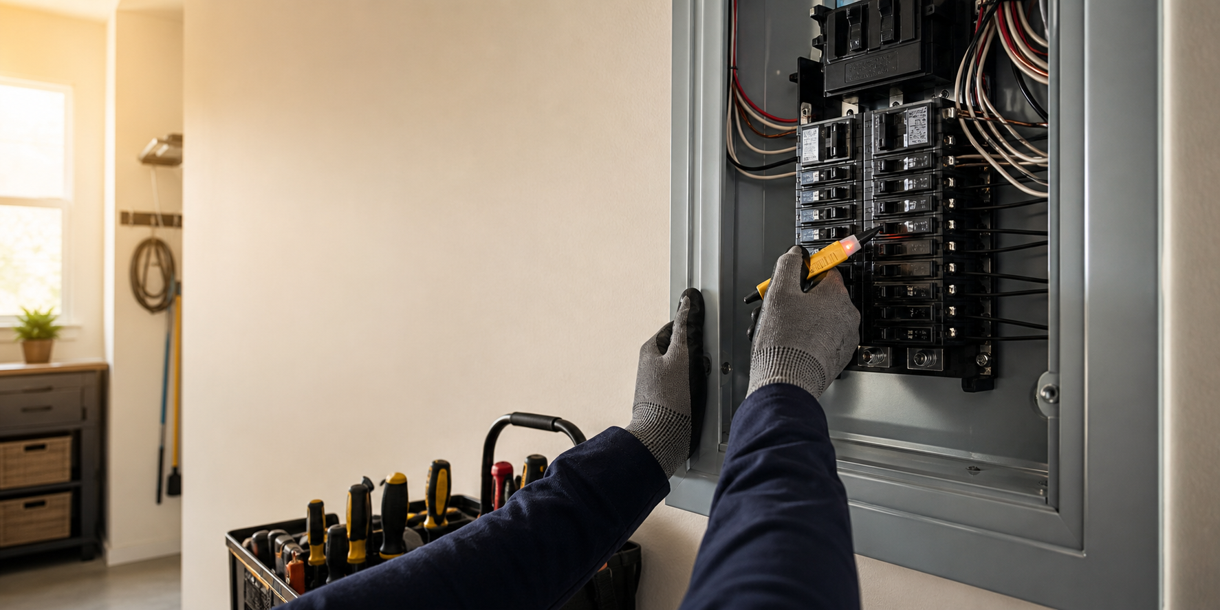 Electrician checking a residential electrical panel for the Summit Spark Electric demo.